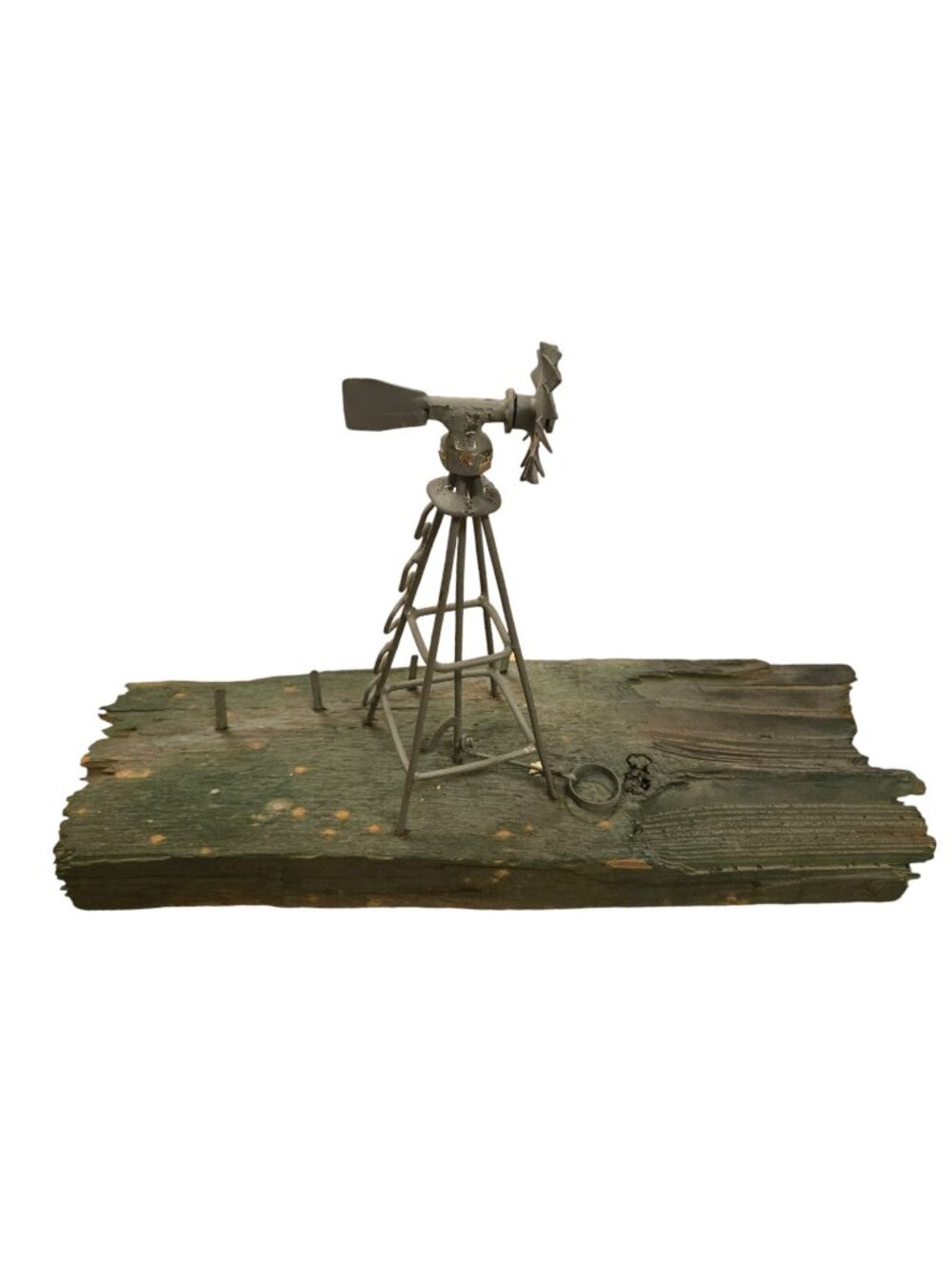 Rustic Metal Windmill Sculpture On Weathered Wood Base Farmcore Art
